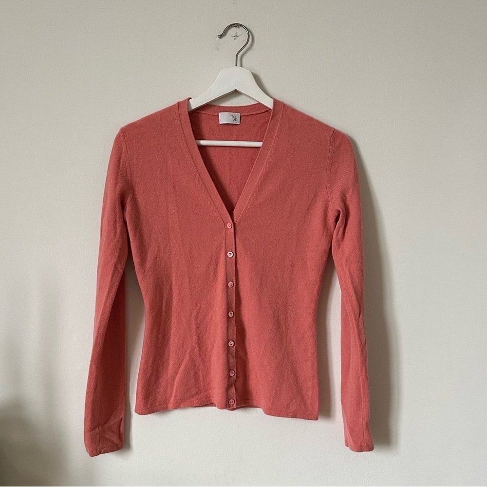 TSE 100% Cashmere Cardigan Coral V Neck Button Front Lightweight Sweater XS